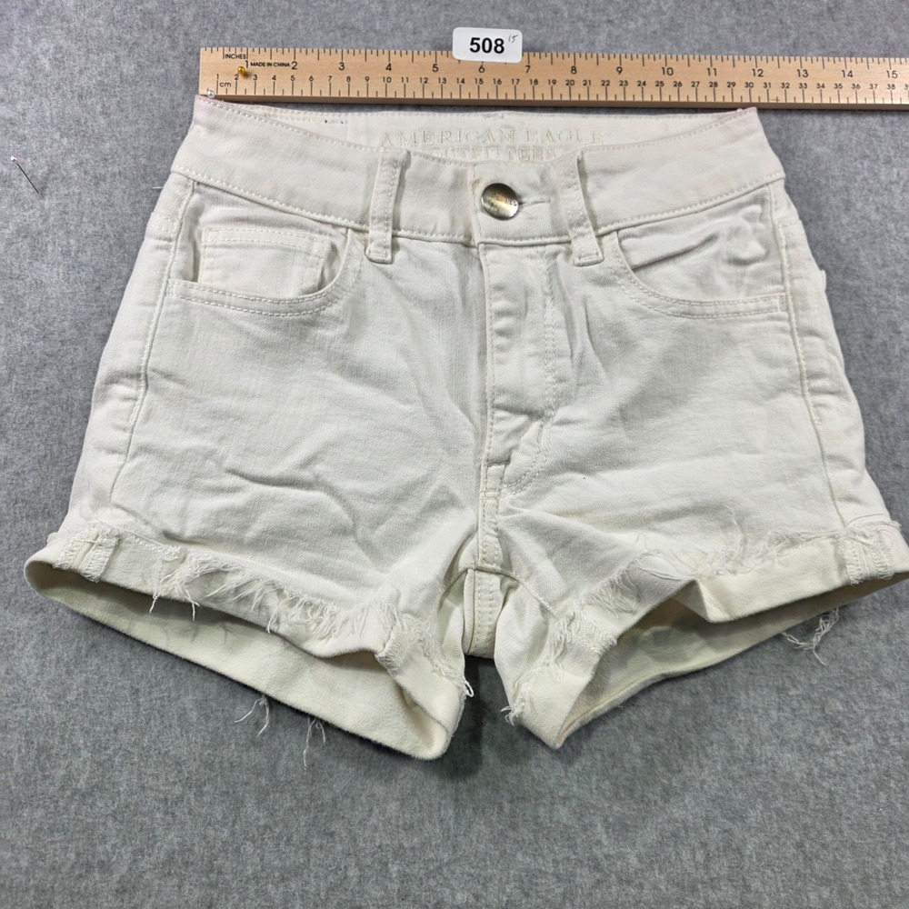 American Eagle Hi-Rise Shortie Off White Denim Frayed Hem Shorts Size 00‎